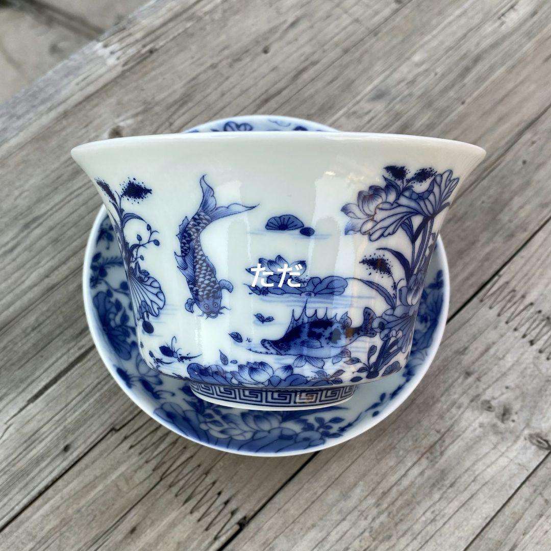 中国茶器 青花磁器蓮池情趣蓋碗 茶 碗煎茶器 未使用品