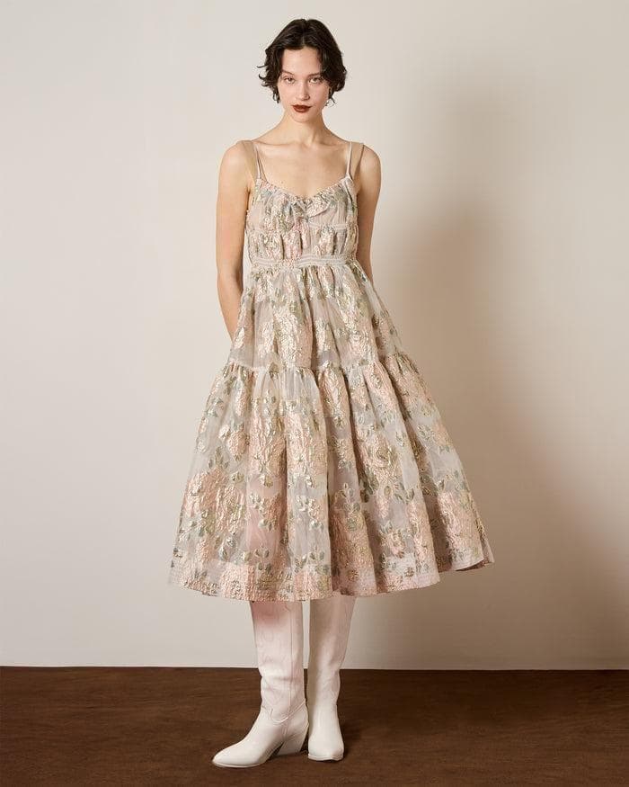2 即納 POPPY Pink gold jacquard cami dress
