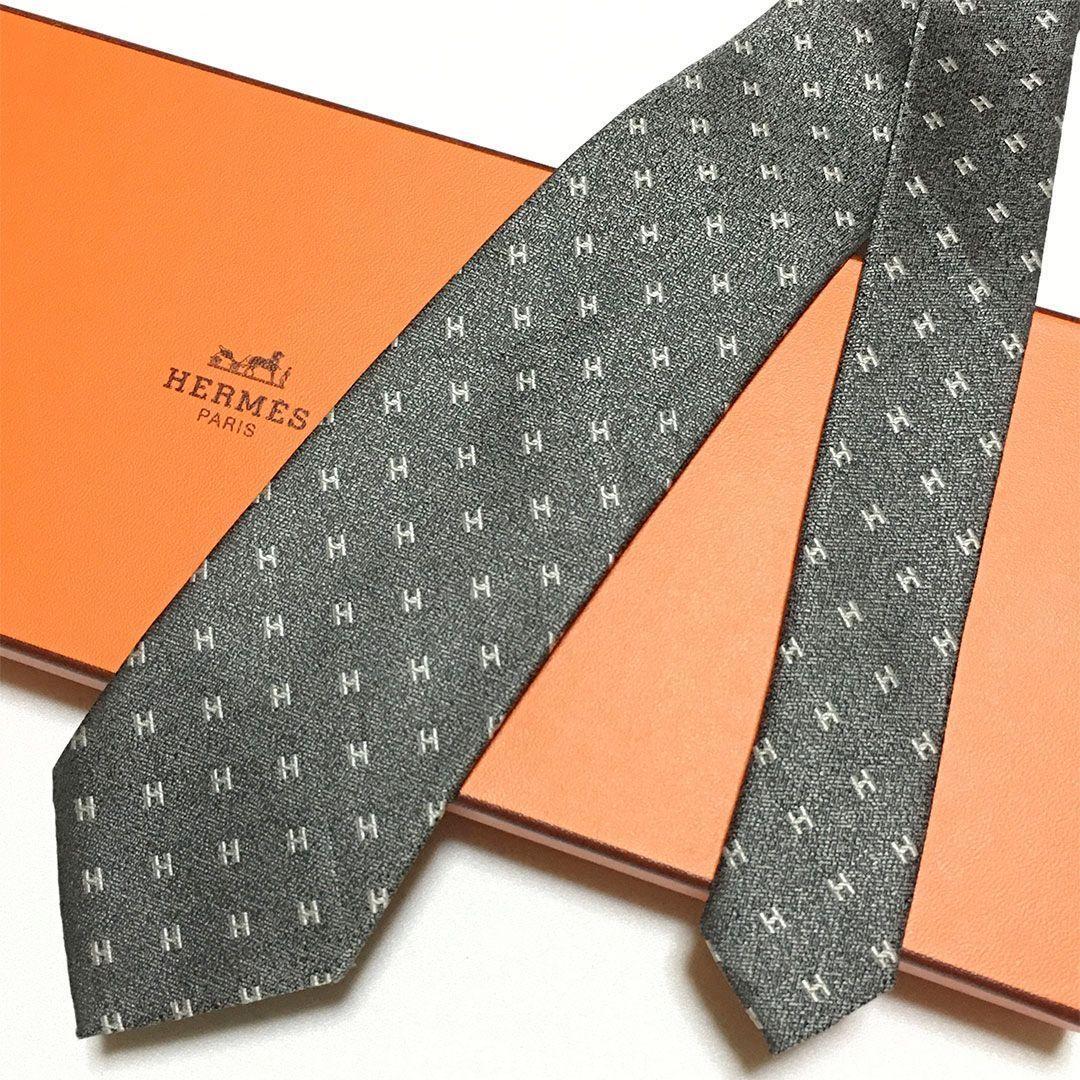 未使用級 エルメス HERMES ネクタイ シルク100% グレー H柄