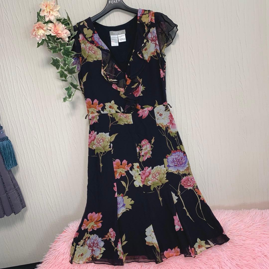 美品◆マックスマーラ【最高級シルク100%/ロング ワンピース】花柄 リボン