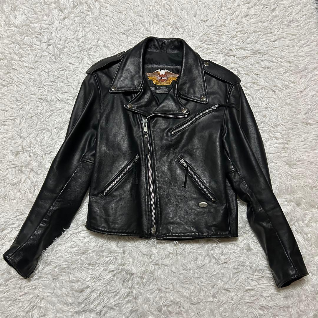 【本日限定】ダブルライダースジャケット USA製 ハーレーダビッドソン ロゴ 黒