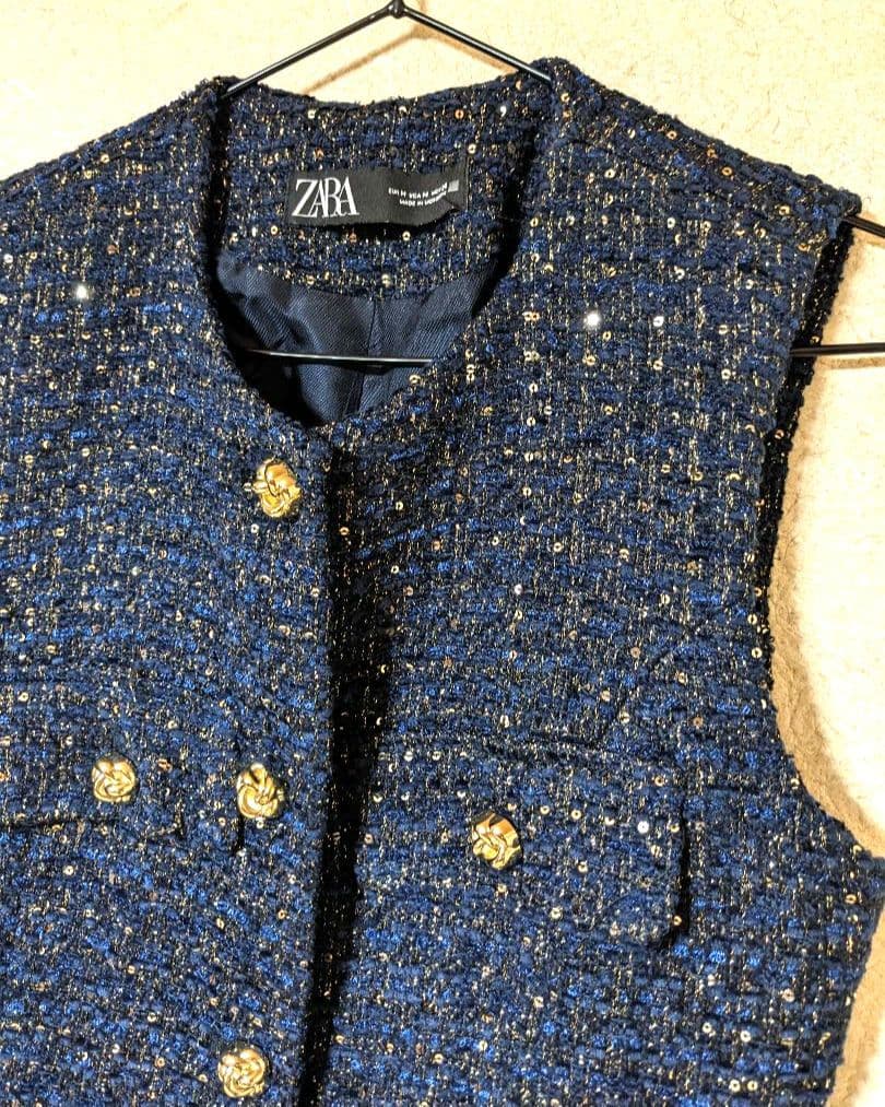 ZARA　ベスト　ツイード　美品　ジレ　金ボタン　ジャケット　ネイビー