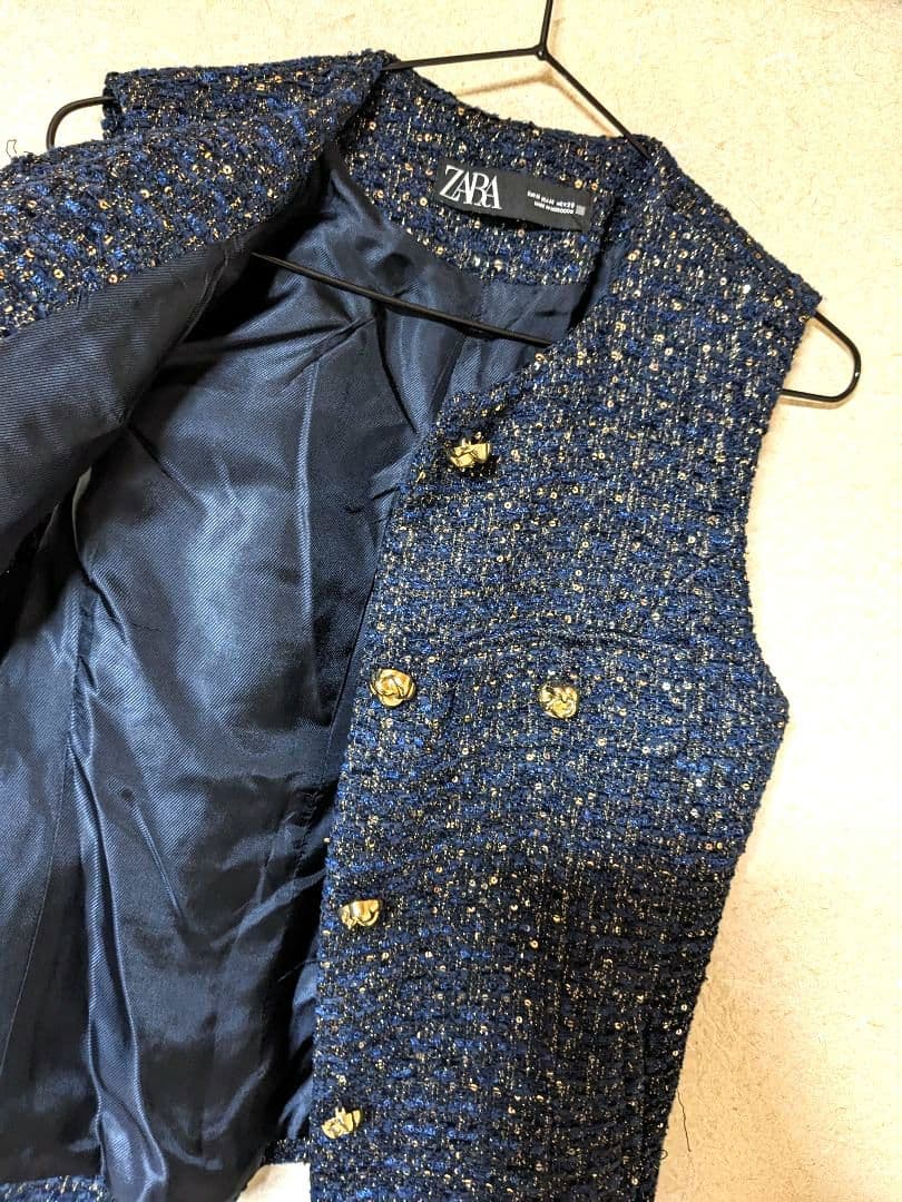 ZARA　ベスト　ツイード　美品　ジレ　金ボタン　ジャケット　ネイビー