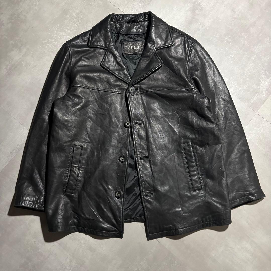 90s - GUESS レザージャケット　革ジャン　レザーカーコート　黒　羊革
