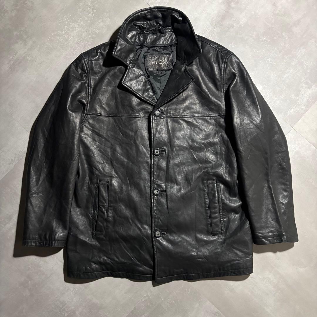 90s - GUESS レザージャケット　革ジャン　レザーカーコート　黒　羊革