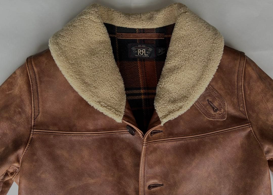 RRL ムートン襟 フルレザー ジャケット ダメージ加工 XS
