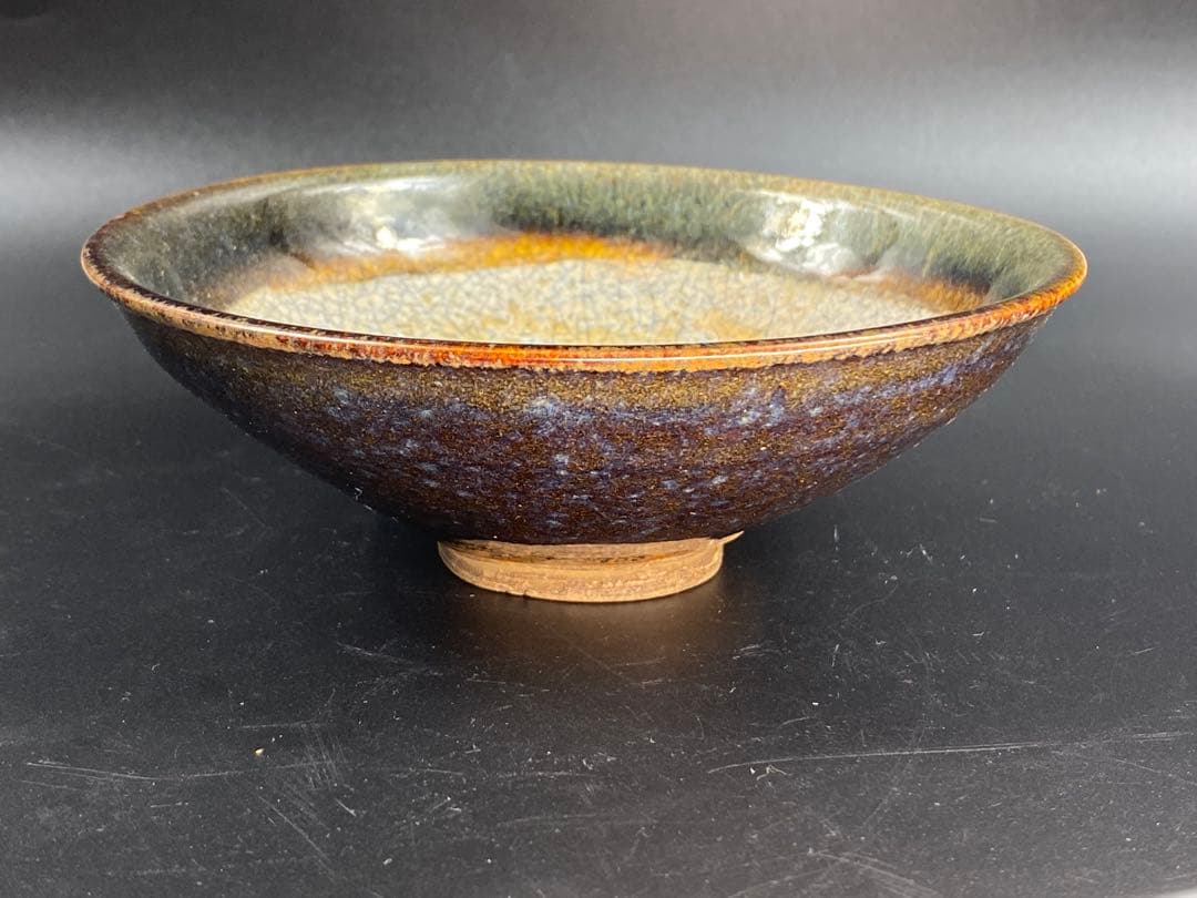 (クレヨン7色) 平茶碗 天目 哥釉 唐物京焼李朝江戸 時代品 径15cm