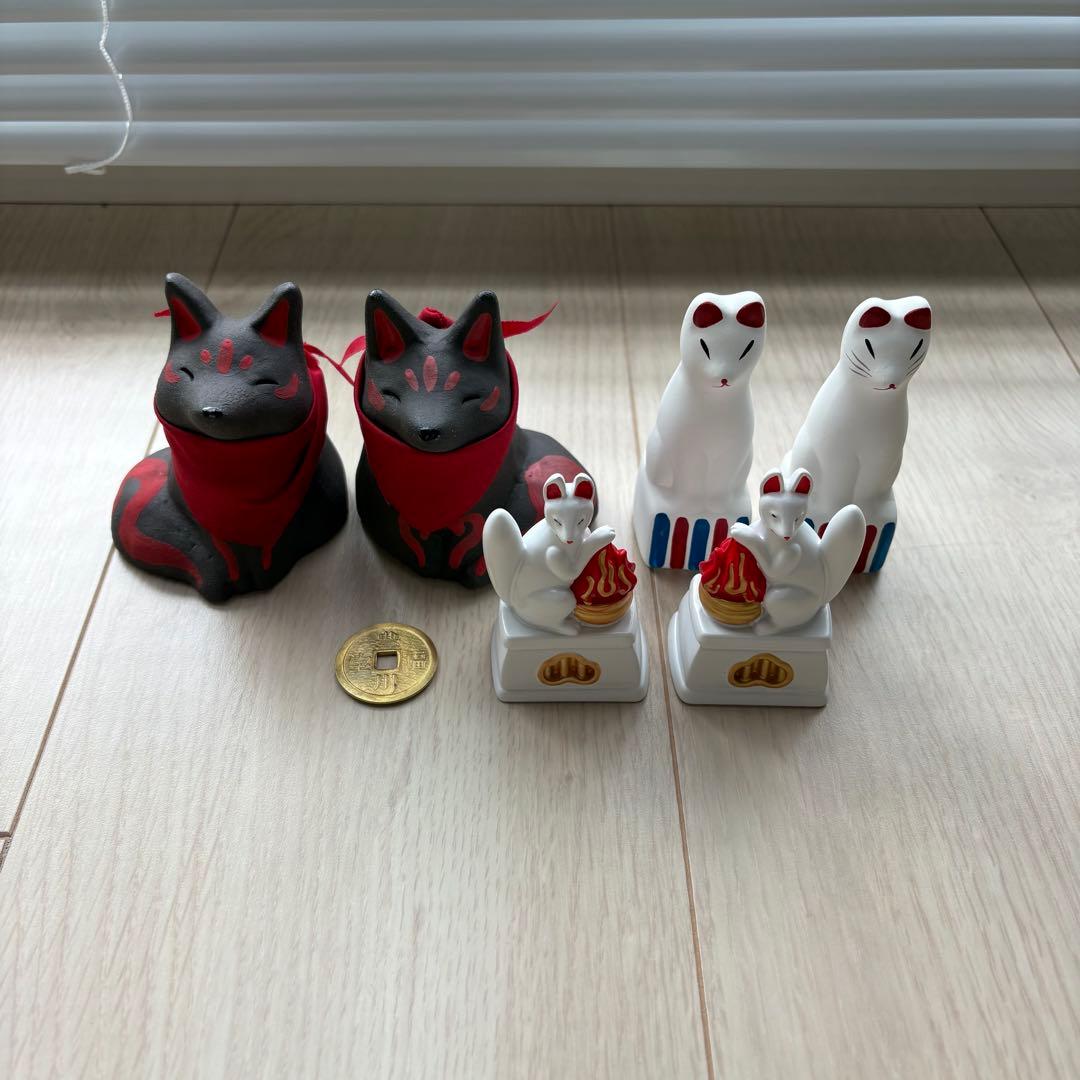 お狐様6体と古銭セット 骨董/古道具/置物/神棚/キツネ