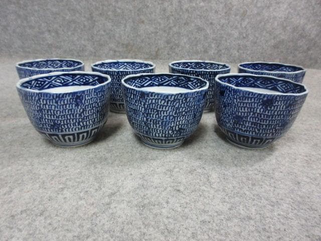 伊万里焼染付微塵文蕎麦猪口 7個 [B25317]