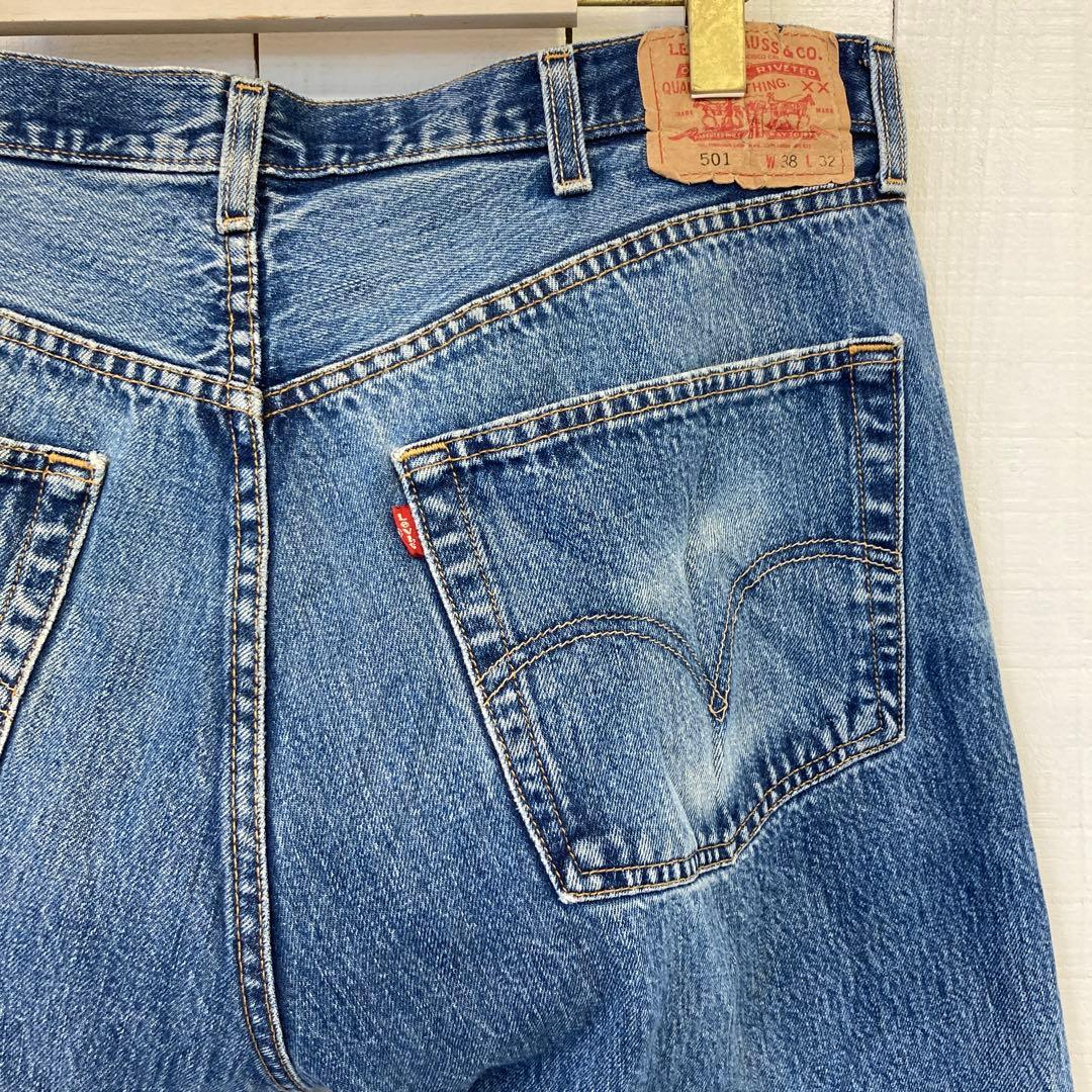★送料無料★Levis501★濃紺インディゴ ダメージリペア 鬼ヒゲ★W38