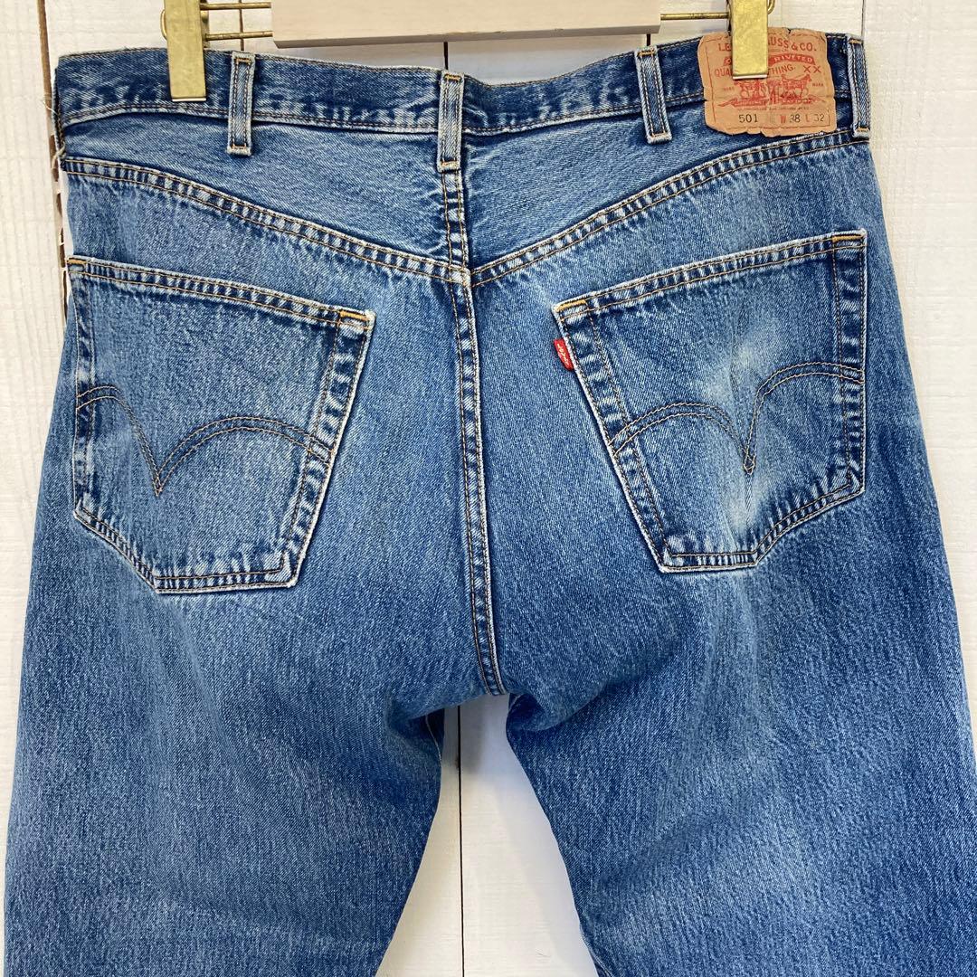 ★送料無料★Levis501★濃紺インディゴ ダメージリペア 鬼ヒゲ★W38