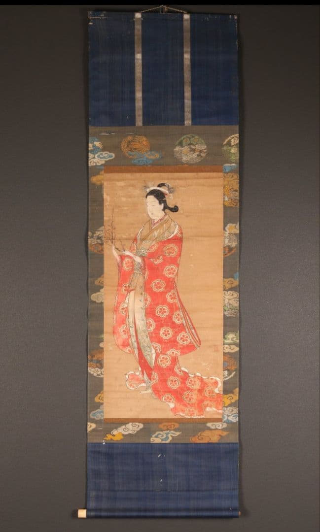 浮世絵 「花枝美人図」 肉筆 絹本彩色 錦裱 印あり 江戸時代 掛軸