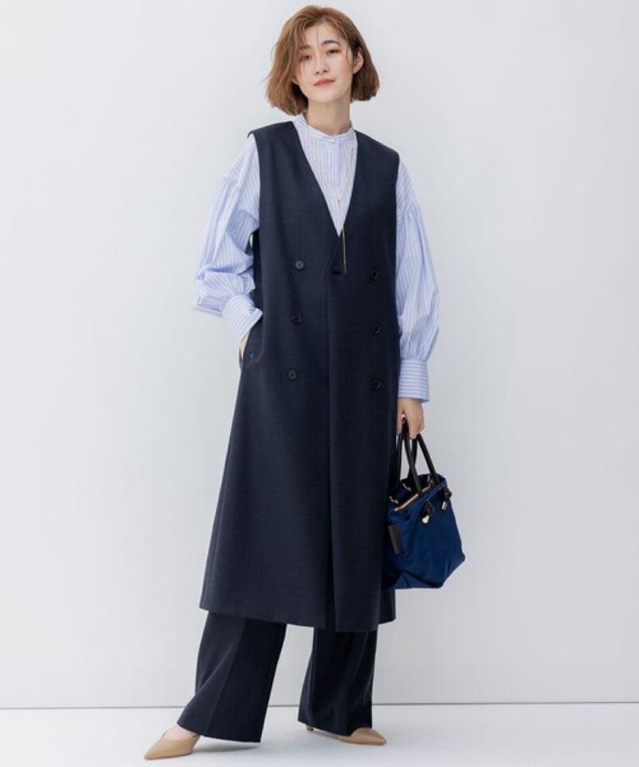新品✨23区 ウーステッドウールツイル ロング ジレ　紺　4万　Mサイズ