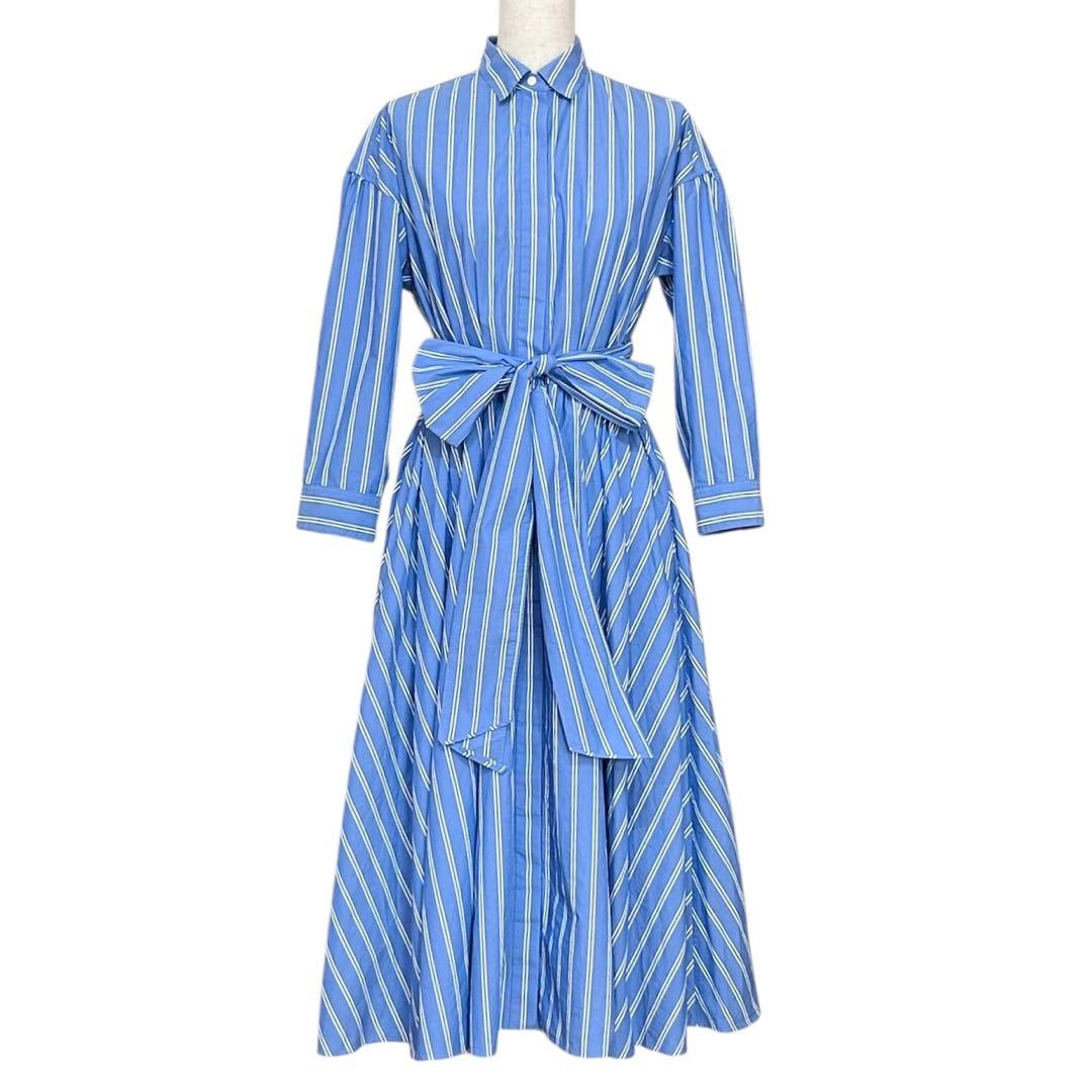 DESIGNWORKS ロングシャツワンピース フレア ベルト付き ブルー