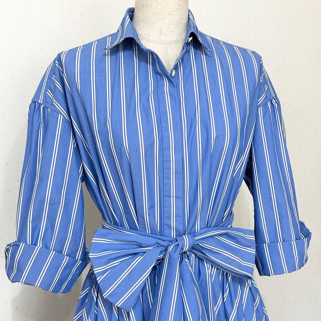 DESIGNWORKS ロングシャツワンピース フレア ベルト付き ブルー