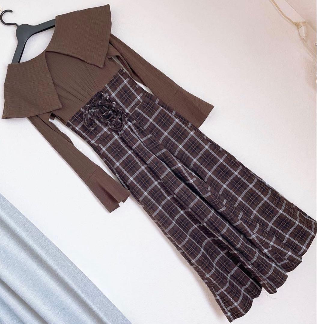 dazzlin ダズリン ビッグカラーチェックコルセットワンピース（ブラウン）m