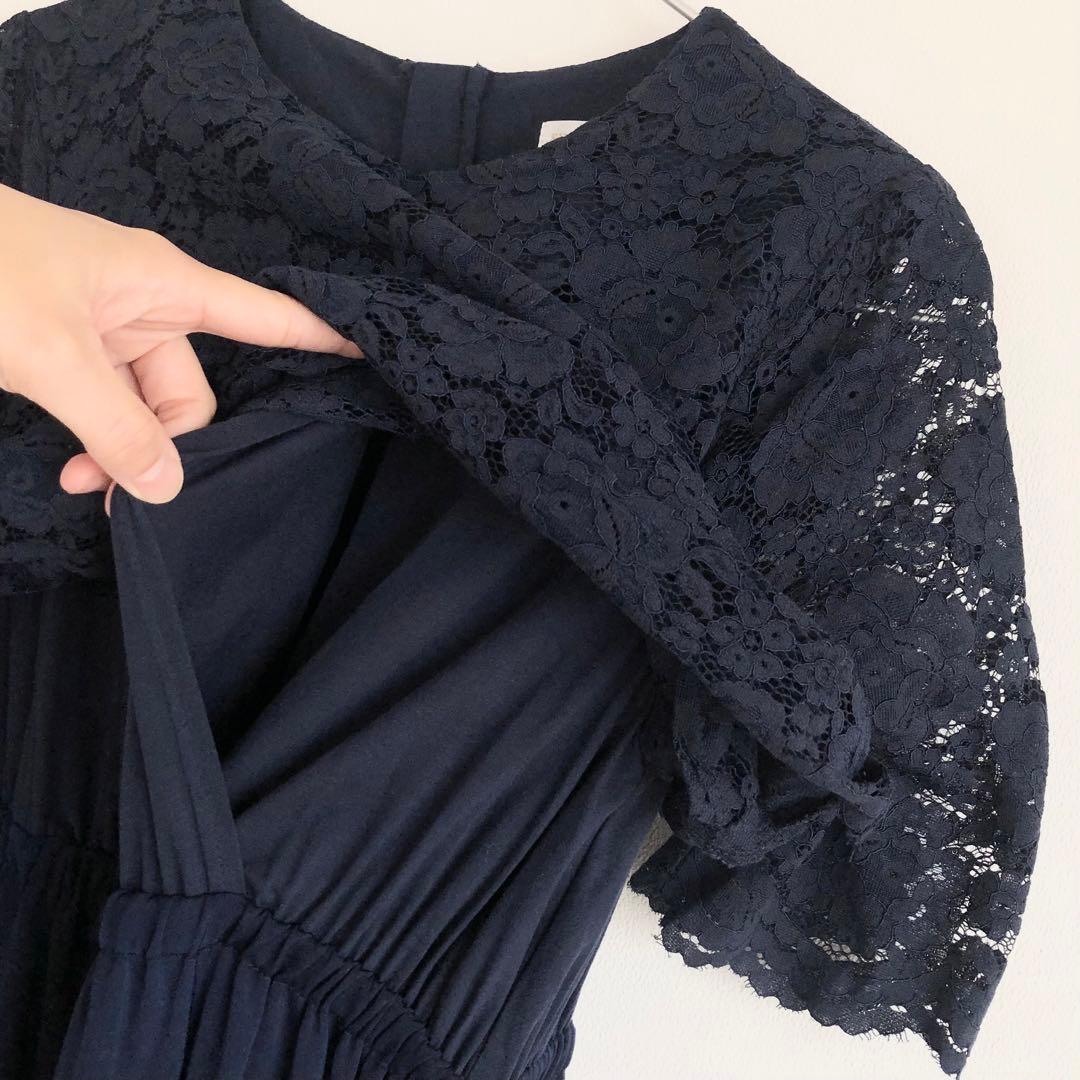 美品 スウィートマミー レース×フレアロングドレス マタニティ授乳服 L