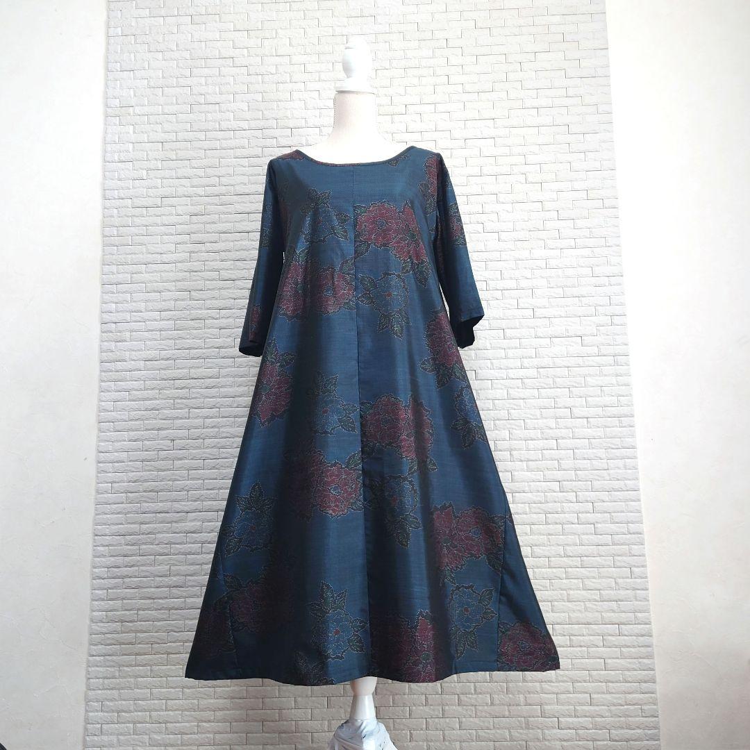 ❀着物リメイク❀大島紬　大人可愛い七分袖ワンピース（M〜L）