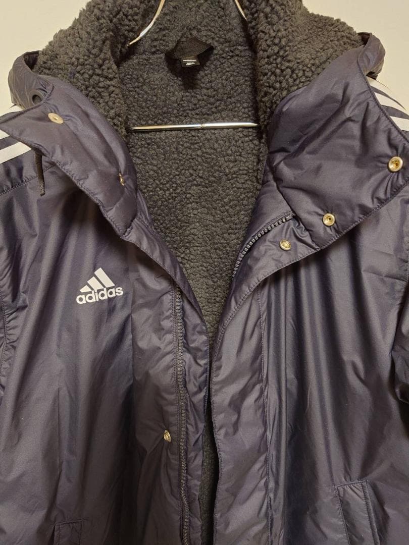 adidas ベンチコート XL フード付きコート　アディダス　ネイビー　ロング