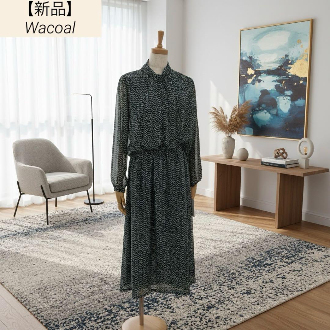 しー ワコール LOVE BODY 幾何学柄 ボウタイ シフォンワンピース