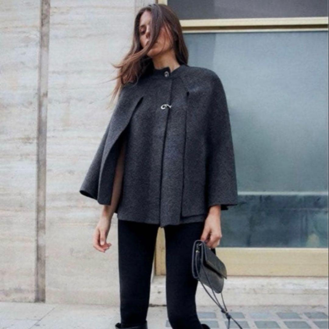 ZARA ケープコート ダークグレー　ウール混　ニット　S　シルバーホック