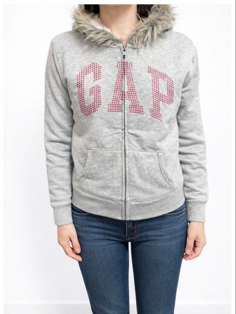 GAP ピンクロゴ ファー付きジップパーカー 短丈 Y2K 平成ギャル