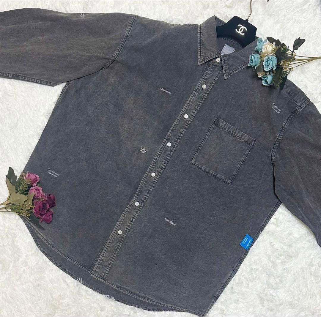 リベレイダース メンズ デニムシャツ グレー Ｌ　ウォッシュ加工