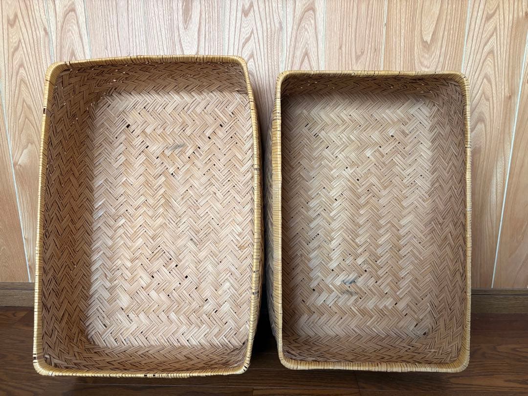 古い竹編みの収納かご　行李　竹籠　篭　古道具