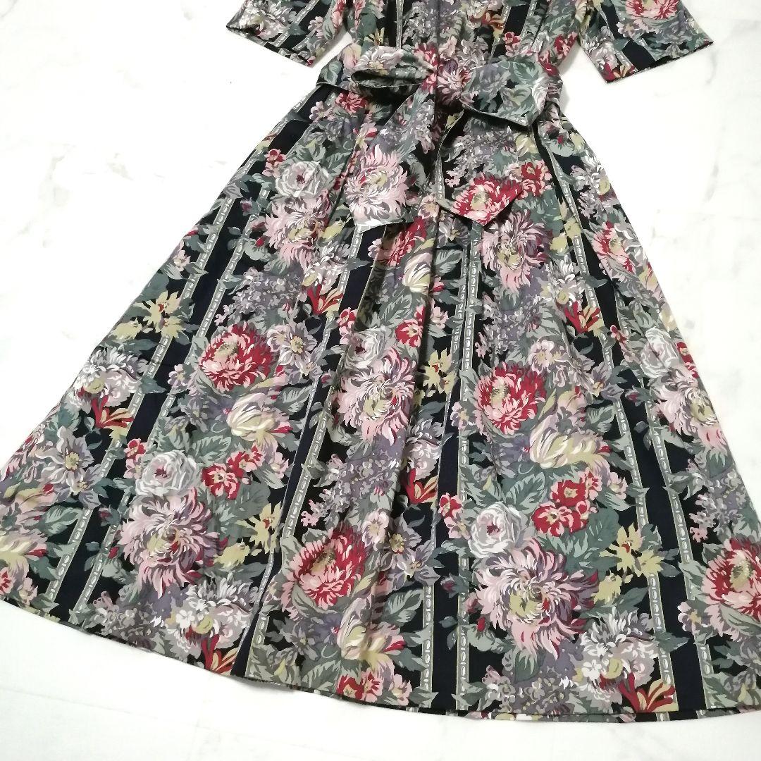 極美品✨ バーバリー　ロングワンピ―ス　花柄　総柄　リボン　9　フレア　Aライン