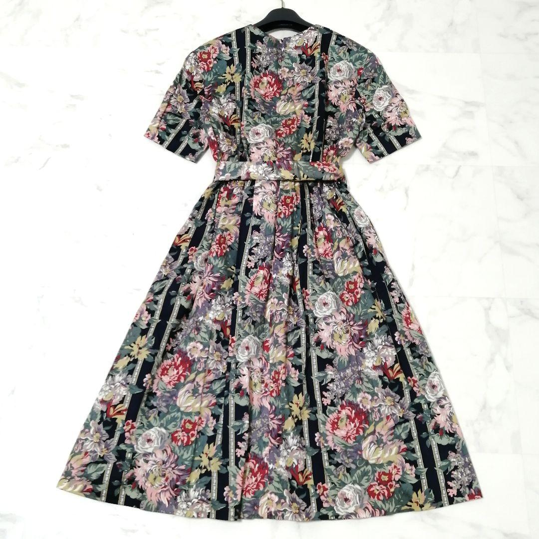 極美品✨ バーバリー　ロングワンピ―ス　花柄　総柄　リボン　9　フレア　Aライン