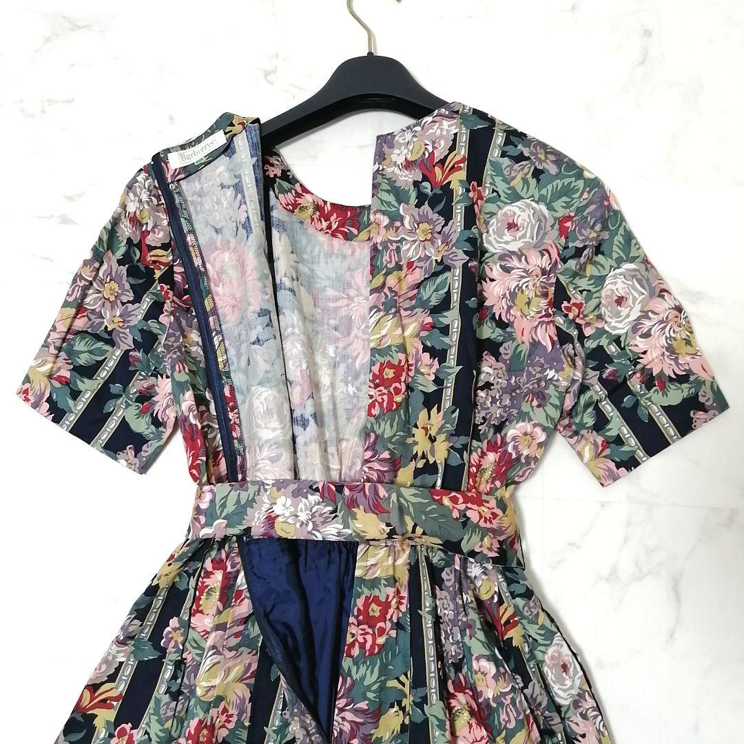 極美品✨ バーバリー　ロングワンピ―ス　花柄　総柄　リボン　9　フレア　Aライン