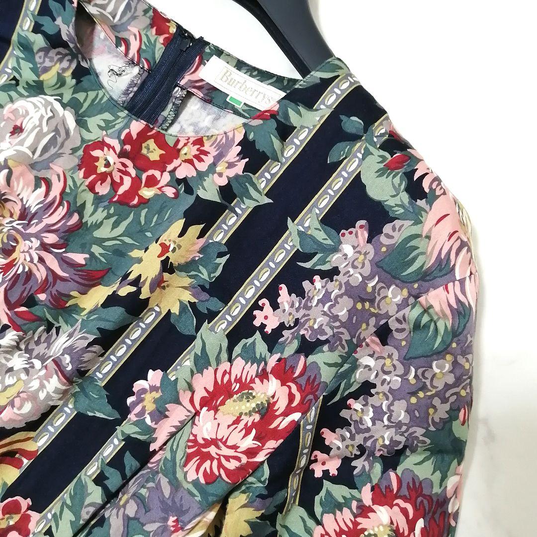 極美品✨ バーバリー　ロングワンピ―ス　花柄　総柄　リボン　9　フレア　Aライン