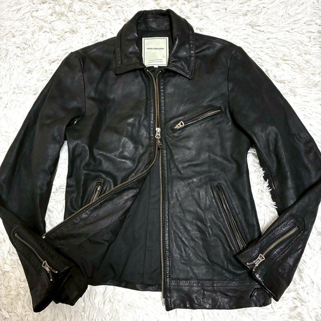 美品⭐️ナノユニバース　レザージャケット　ホースレザー　Wジップ 艶感　黒　M