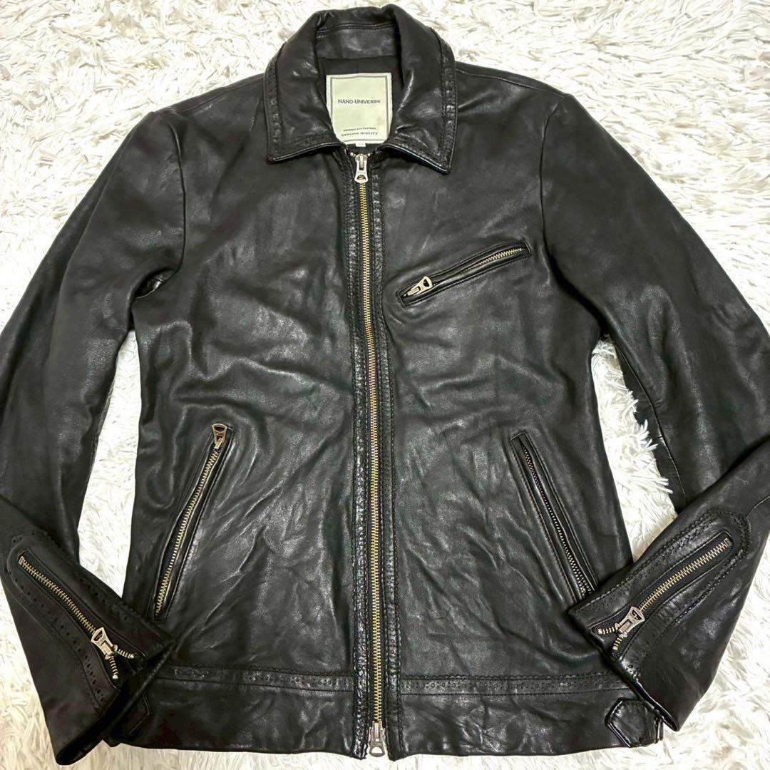 美品⭐️ナノユニバース　レザージャケット　ホースレザー　Wジップ 艶感　黒　M