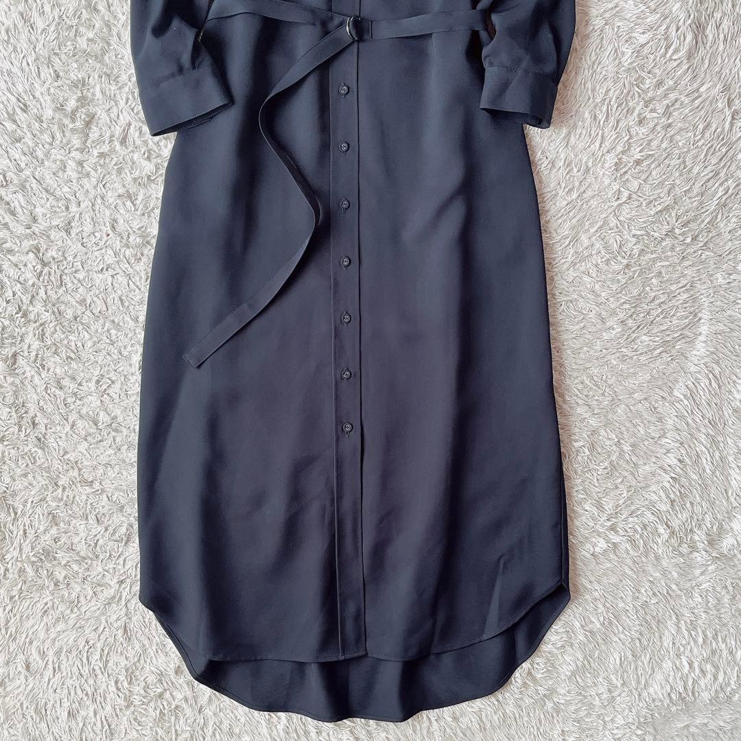 【美品】ソージュ バンドカラーワンピース オケージョンワンピース 濃紺とろみ素材