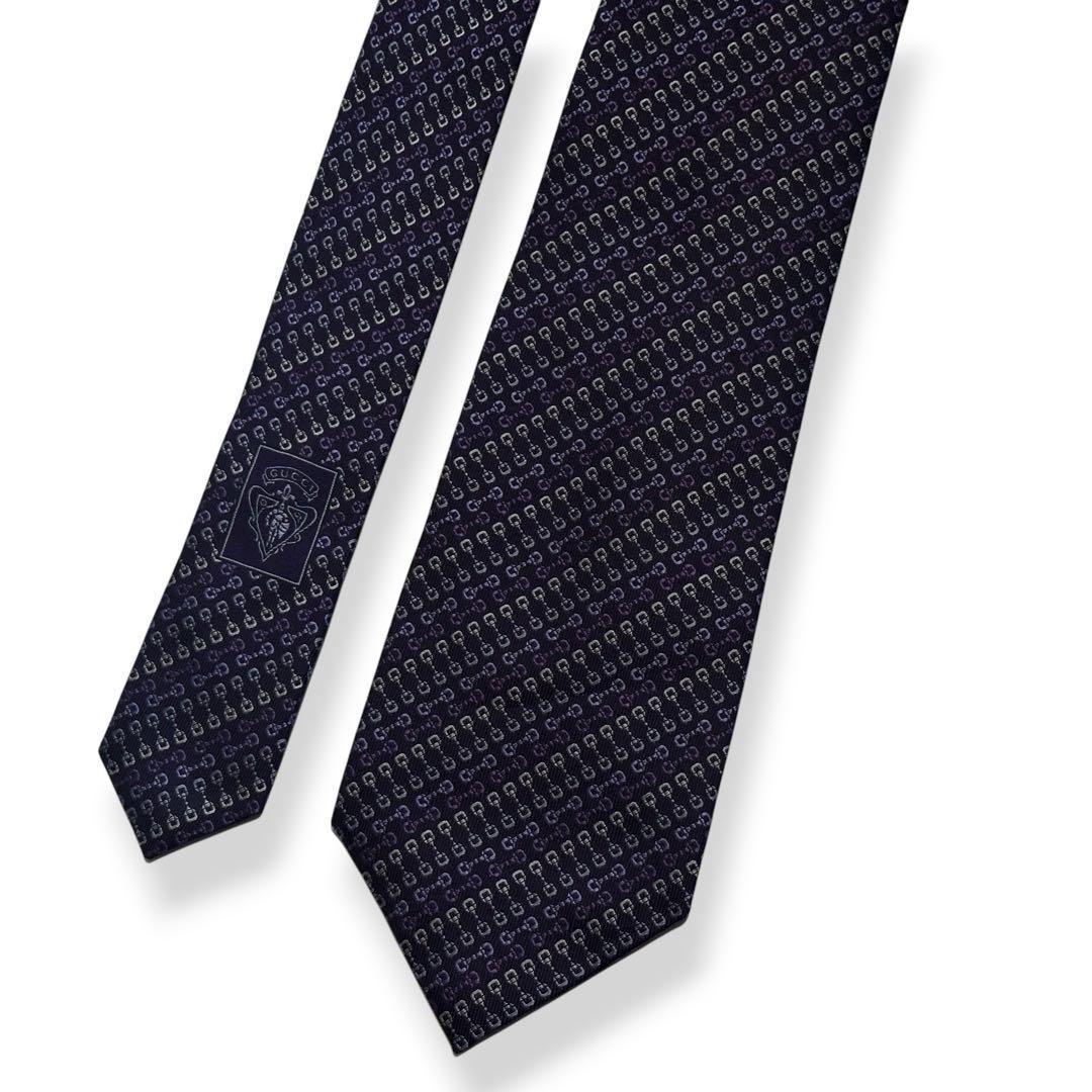 美品✨GUCCI ネクタイ　グッチ　ジャガード　パープル　ホースビット　【A】