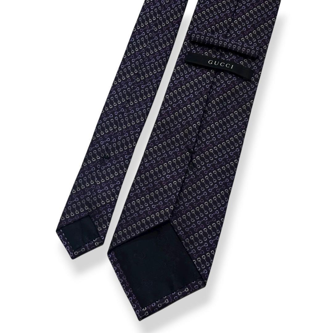 美品✨GUCCI ネクタイ　グッチ　ジャガード　パープル　ホースビット　【A】