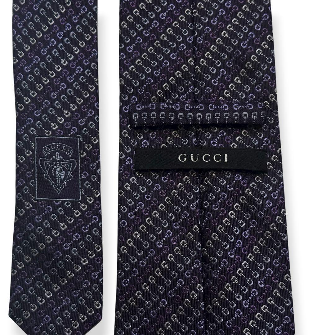 美品✨GUCCI ネクタイ　グッチ　ジャガード　パープル　ホースビット　【A】