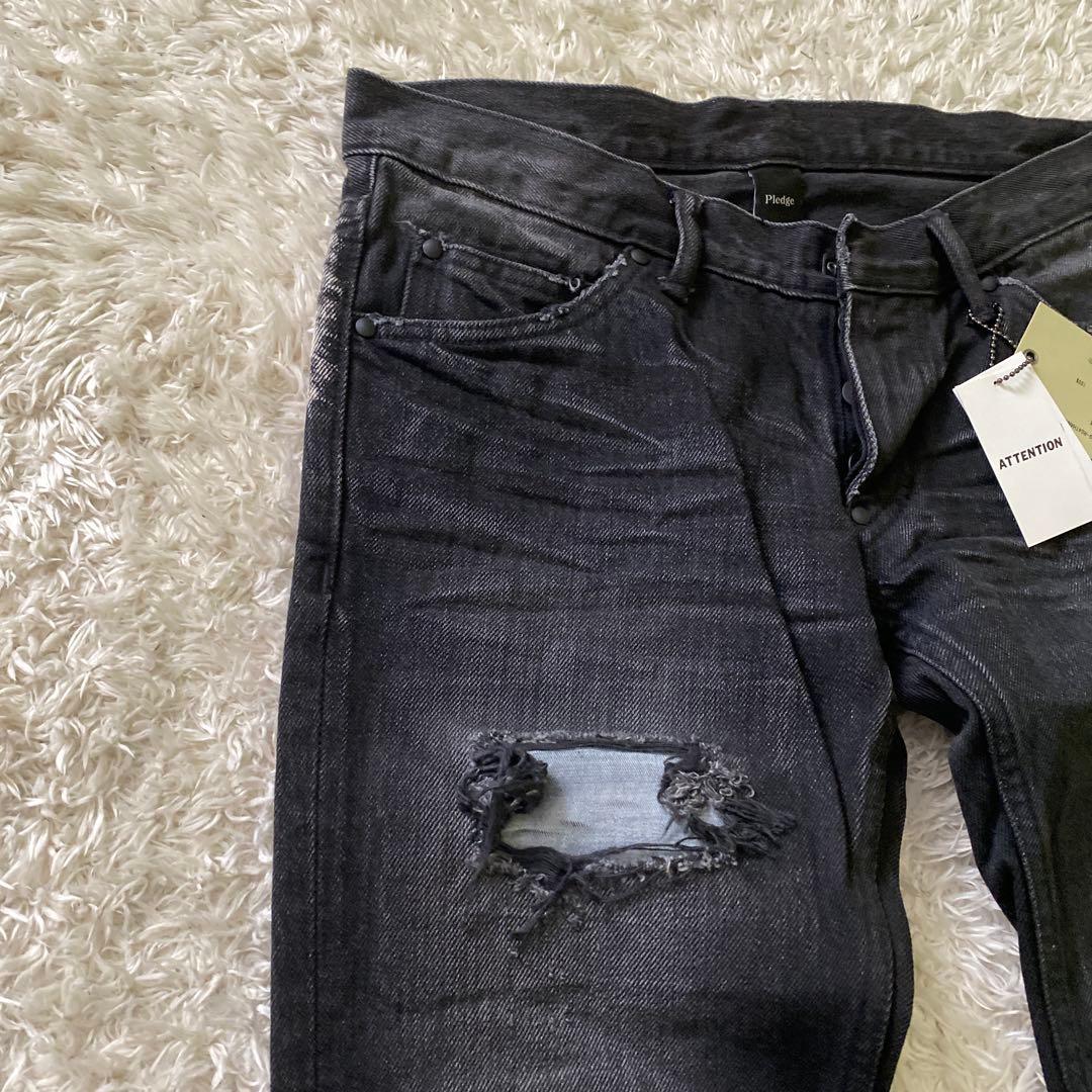 新品！00s Pledge プレッジ デニムパンツ　ダメージ加工　ブラック　46