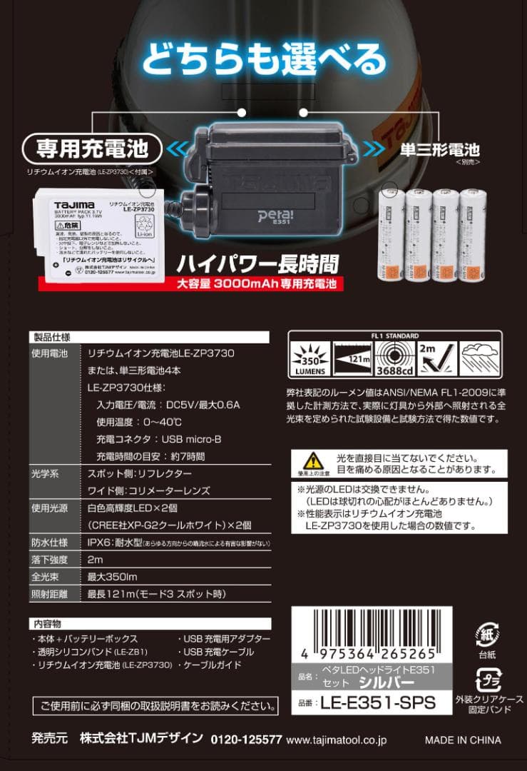 S*u様 タジマ　ペタＬＥＤヘッドライトＥ３５１セット　シルバー