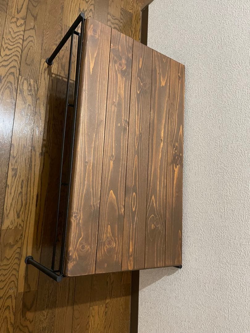 ダークブラウン木製テーブル・スチール脚付き