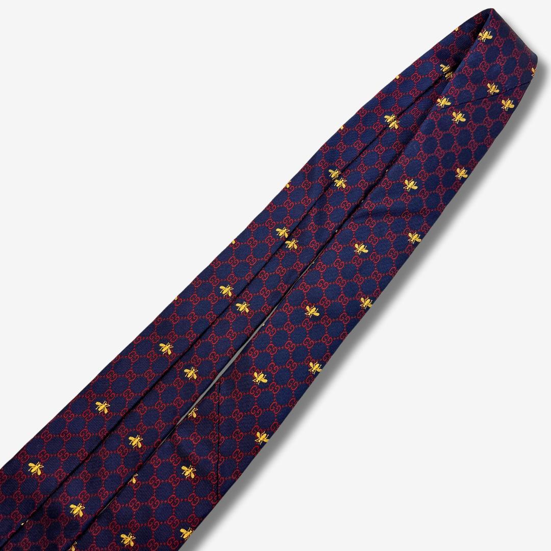 GUCCI シルクネクタイ GG柄 蜂 刺繍 ネイビー