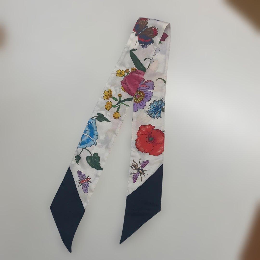 【美品】GUCCI グッチ ネックボウ シルク100% 花柄 リボンスカーフ