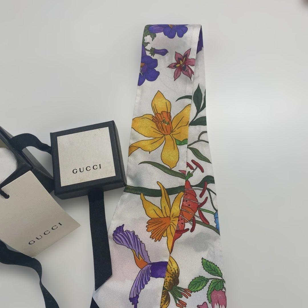 【美品】GUCCI グッチ ネックボウ シルク100% 花柄 リボンスカーフ
