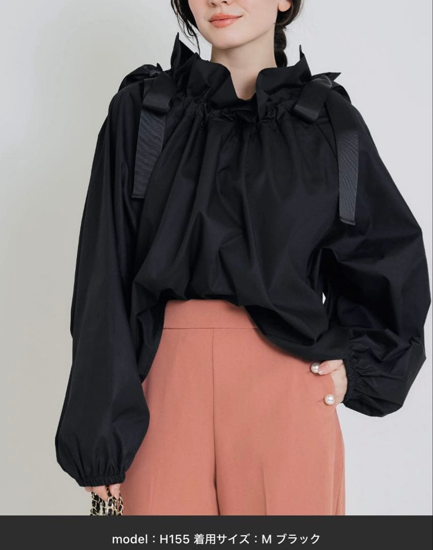 PICCIN PERLA リボン　ブラウス　ブラック　ザビエルカラー