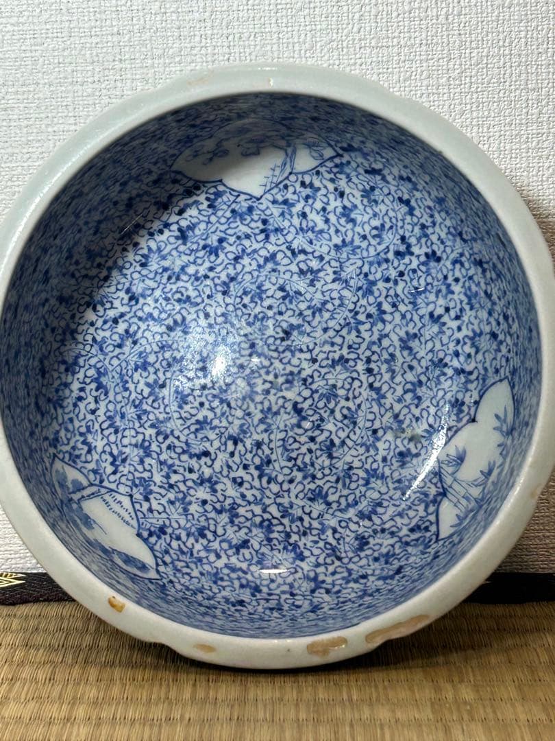 古伊万里　総微塵唐草　菓子鉢 窓絵(松竹梅) 江戸時代