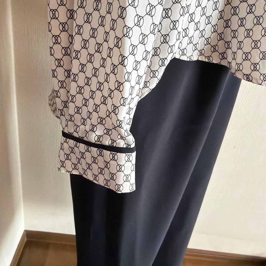 ジオメトリックバイカラーパイピングブラウスとロングタイトスカート　ばら売り可能