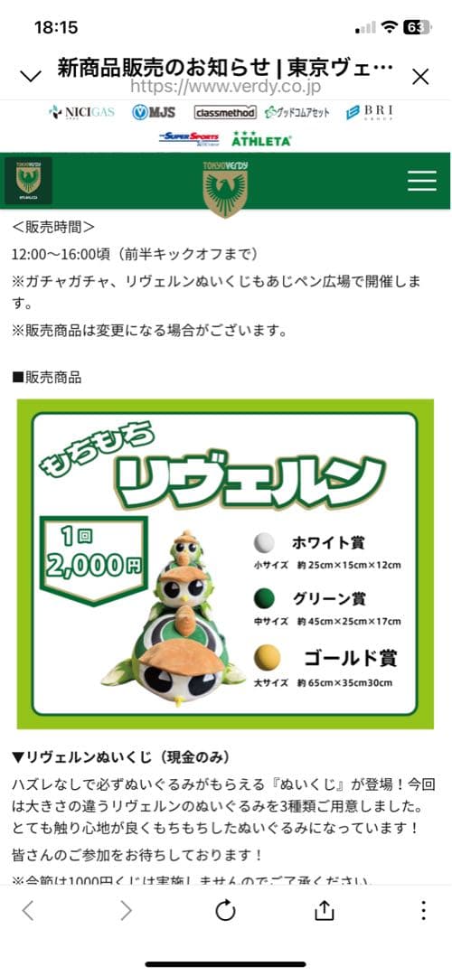 東京ヴェルディ　リヴェルン　もちもち　ぬいぐるみ　中サイズ