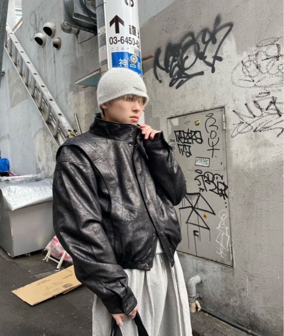 【nmtc+】　line leather jacket ブラック