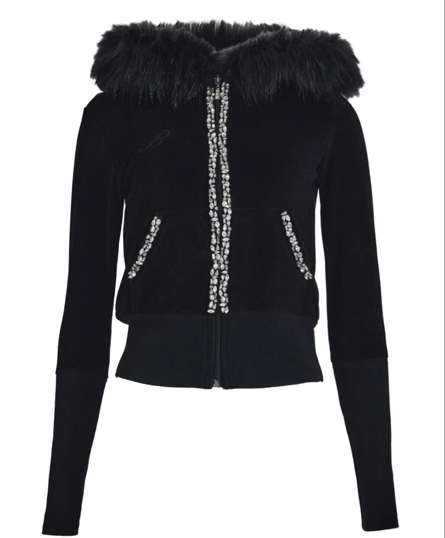 トップス Black Glam fur velour hood zip up